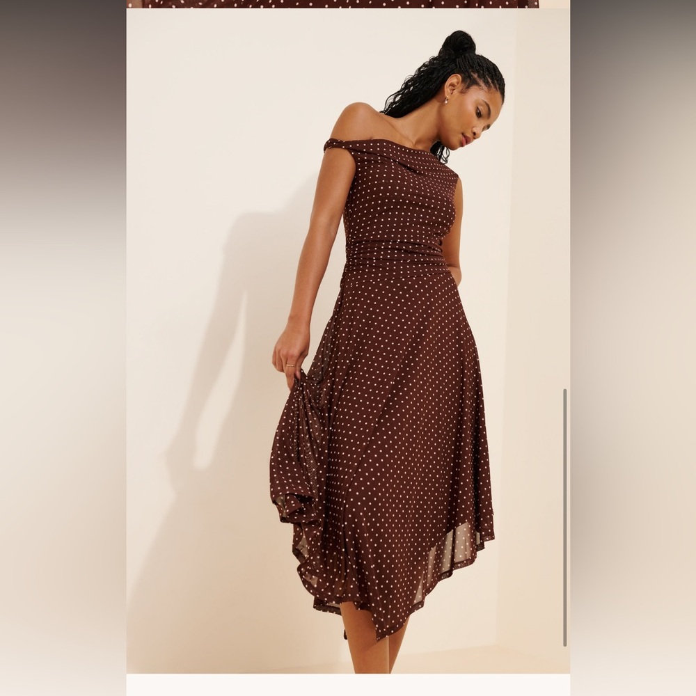 CIARRA midi asymmetrical dress ASTR Brown Polka Dot Cowl Neck Midi Dress